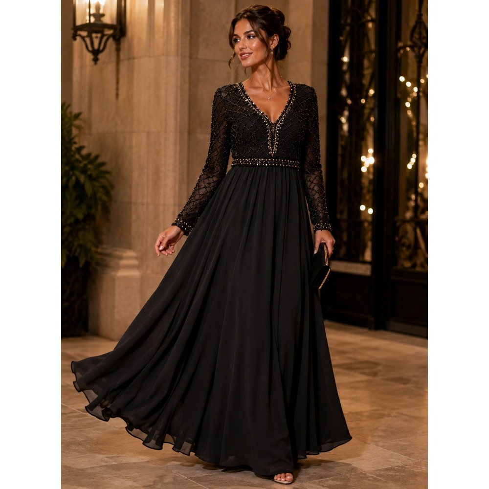 Mac Duggal Gown Womens 4 Black Beaded Formal Evening Prom Gala Wedding Guest